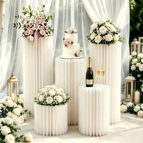 Cylinder Stands for Party 5Pcs Round Pedestal Stand Foldable Cardboard Columns Cylinder Tables for Parties Baby Shower Birthday Wedding Pillars Display Decoration (White,5PCS) by GUYARO