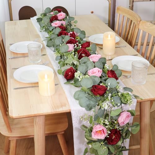 TOCHGREEN 2 Pack Artificial Eucalyptus Flower Garland with Red Pink Roses - Image 6