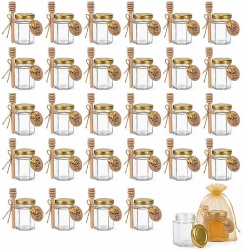 R DRURLCD 30 Pack 3 oz Small Hexagonal Mini Glass Honey Jars in Bulk with Wooden Dipper Bee Charms Thank You Cards Jutes for Baby Shower Wedding Birthdays Party Favors Gifts by RDRURLCD