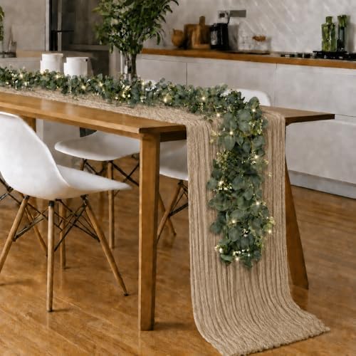 Cinrobiye 11pcs Cheesecloth Table Runner Set 120 Inch – Gauze Table Runner with Napkins, Eucalyptus Garland & String Lights for Wedding Baby Shower Table Decor, Rustic Boho - Image 5