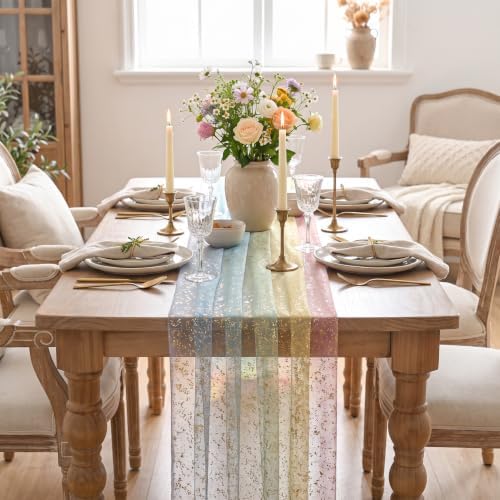 Artoid Mode 6-Pack Gold Gauze Table Runner 120 Inch 10FT, Rainbow Glitter Metallic Foil Sheer Dining Wedding Anniversary Holiday Birthday Table Decor for Home Party - Image 2