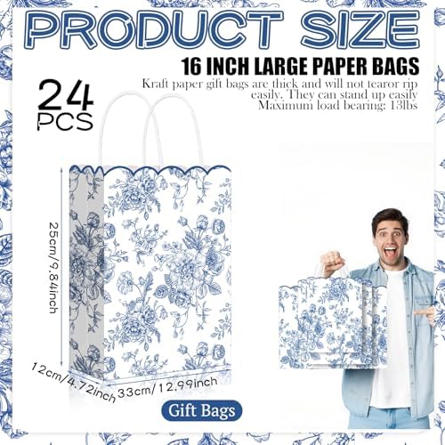 Kolldenn 24 Pcs Blue Floral Gift Bags with Handles, 10x5x13 In - Image 6
