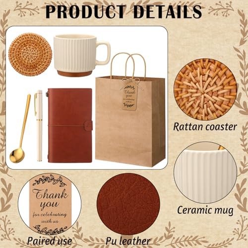 Marsui 6 Sets Kraft Baby Shower Game Prizes for Winners Baby Shower Guest Gifts Ceramic Mugs with Metal Spoons Woven Coasters and PU Notebooks with Pens Gift Bags and Tags for Wedding Bridal Favor - Image 3