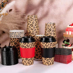 Whaline 50Pcs 16Oz Cheetah Print Leopard Party Disposable Coffee Cups with Lids and Sleeves Jungle Safari Leopard Paper Drinking Cup for Birthday Baby Shower Party Supplies - Image 4