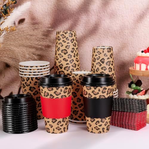 Whaline 50Pcs 16Oz Cheetah Print Leopard Party Disposable Coffee Cups with Lids and Sleeves Jungle Safari Leopard Paper Drinking Cup for Birthday Baby Shower Party Supplies - Image 4