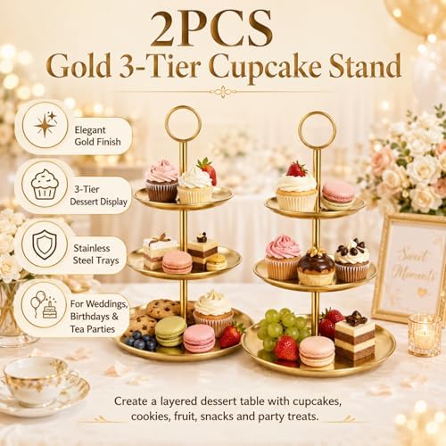 YOUNTHYE 2PCS Gold Cupcake Stand, 3 Tiered Stainless Steel Dessert Stand, Gold Cake Stand Display Trays for Wedding, Birthday, Tea Party, Holiday Dessert Table Decorations - Image 2