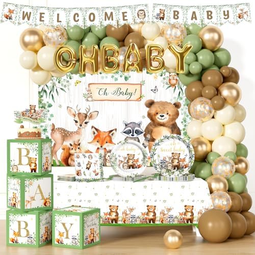 Hombae Woodland Baby Shower Decorations, Forest Baby Shower Party Supplies with Woodland Animals Tableware Set, Backdrop, Balloon Garland, Cake Topper, Boxes, 245 PCs by Hombae