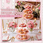 Lallisa 3 Tier Tea Party Cake Stand 10", 9" and 7" Ceramic Shabby Floral Dessert Stand with Metal Rack Coquette Cupcake Tower for Wedding Bridal Shower Baby Shower Decoration - Image 3