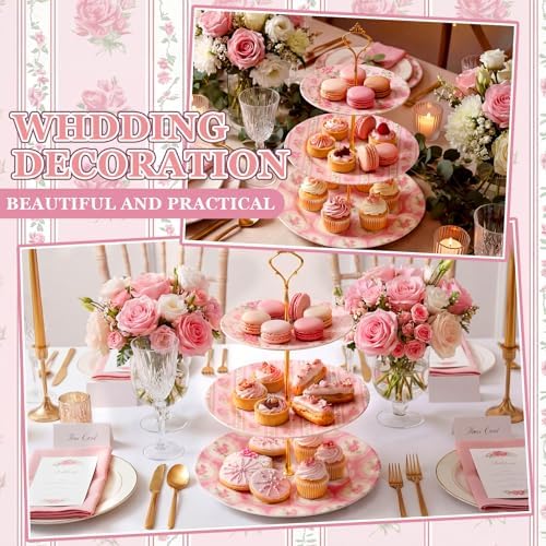 Lallisa 3 Tier Tea Party Cake Stand 10", 9" and 7" Ceramic Shabby Floral Dessert Stand with Metal Rack Coquette Cupcake Tower for Wedding Bridal Shower Baby Shower Decoration - Image 3