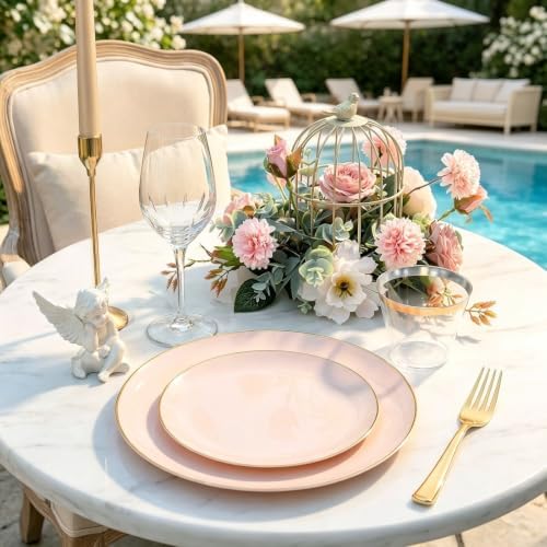 WDF 150Pcs Pink Plates Disposable - Pink and Gold Plastic Plates 25guest Disposable Dinnerware Include 25 Dinner Plate, 25 Dessert Plate, 25 Cutlery & 25 9oz Cups for Baby Shower/Wedding/Summer Party - Image 5
