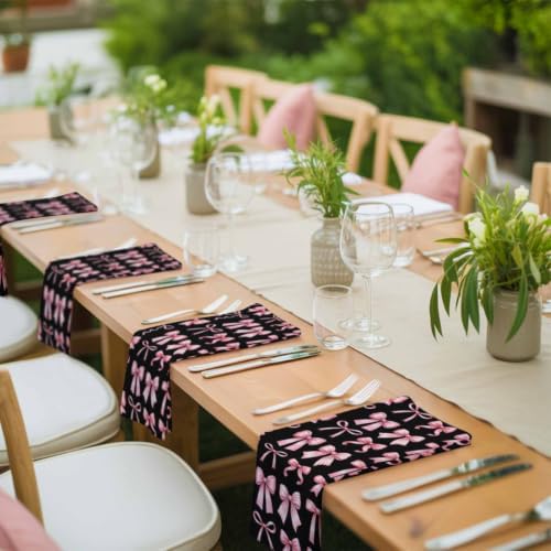 Pink Bows Cloth Napkins Set of 6, Modern Abstract Sweet Ribbon Bowknot on Black Washable Reusable Dinner Cocktail Napkin for Kitchen Party Wedding Banquet Holiday Baby Shower Table Decor - Image 4