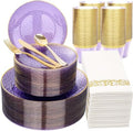 Rubtlamp 350 Pcs Clear Purple Plastic Plates, Gold Plastic Dinnerware Set (50 Guests), Purple Disposable Plates With Gold Rim, Hammered Party Plates Set for Wedding And Party by Rubtlamp