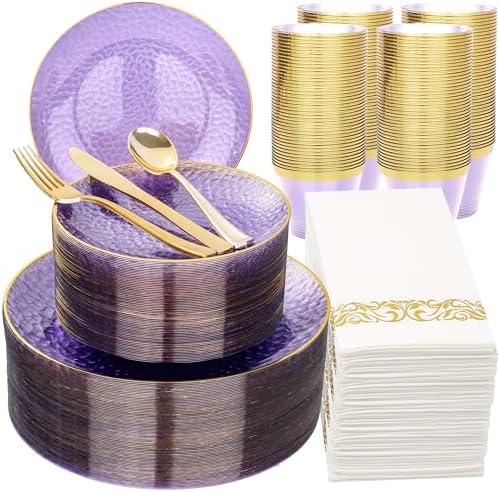 Rubtlamp 350 Pcs Clear Purple Plastic Plates, Gold Plastic Dinnerware Set (50 Guests), Purple Disposable Plates With Gold Rim, Hammered Party Plates Set for Wedding And Party by Rubtlamp
