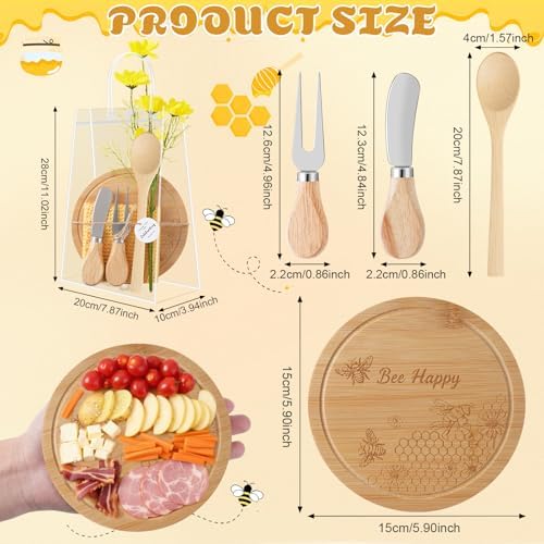 6 Sets Bee Baby Shower Prizes for Game Winners, Round Bamboo Cheese Board Gift Set with Yellow Daisy Towel Tag for Bridal Shower Wedding Guest Favors - Image 3