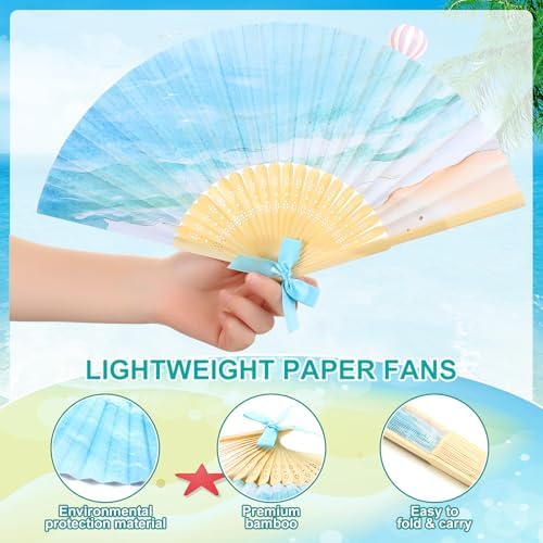 Roowest 36 Pcs Beach Folding Hand Fans Bulk Paper Bamboo Handheld Fan with Bows for Summer Beach Wedding Favors Bule Ocean Waves Fans for Bridal Baby Shower Birthday Party Luau Tropical Holiday Decor - Image 3