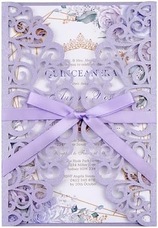 50PCS Wedding Invitation, Purple Hollow Laser Cut Custom Invitations by Mabbcoo