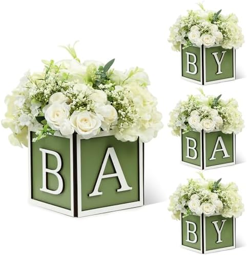4 Set Baby Shower Centerpieces for Tables - 6 inch Wooden Boxes with Baby Letters Rustic Cube Planter Wood Blocks for Gender Reveal Party Favor (Green) by ACMEE
