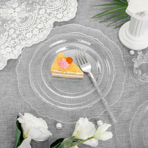 Liacere 150PCS Clear Silver Plastic Plates & Disposable Silver Plastic Silverware with Glitter Bamboo Handle Cutlery-Baroque Clear Disposable Plates for Wedding & Party & Summer - Image 3
