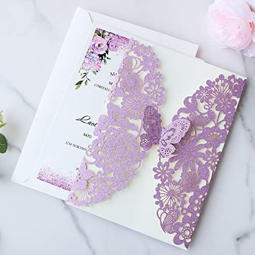 Hosmsua 50PCS Purple Butterfly Quinceanera Invitation Card Kit 5.1x7.3'' Laser Cut Flora Butterfly Invitation Pocket with Envelopes for Bridal Shower XV Anos Wedding Invitation (Purple Glitter) - Image 6