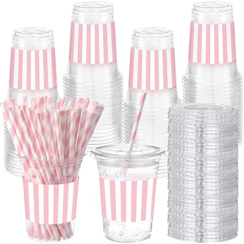 Sliner 50 Sets Pink White Striped Plastic Cups 16oz by Sliner
