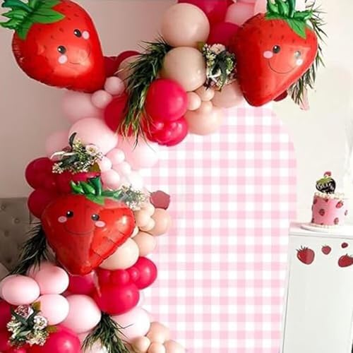 Strawberry Theme Arched Fabric Backdrop Covers Photography Background Pink Plaid Arch Stand Stretchy Covers for Kids ONE Birthday Baby Shower Party Decor Props (4x7.2FT Only Cover) - Image 4