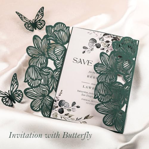 50Pcs Personalized Wedding Invitation Cards Laser Cut Hollow Butterfly with Ribbons Dark Green Invitation Kits with Envelopes and RSVP Cards For Wedding Baby Shower Birthday Quinceanera Invitation - Image 3