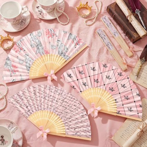 Roowest 36 Pcs Paris Themed Party Favor Folding Hand Fan Bulk Pink Stripes Eiffel Tower Paper Bamboo Handheld Fan with Bow French Pattern Folding Fans for Birthday Baby Shower Party Wedding Supplies - Image 4