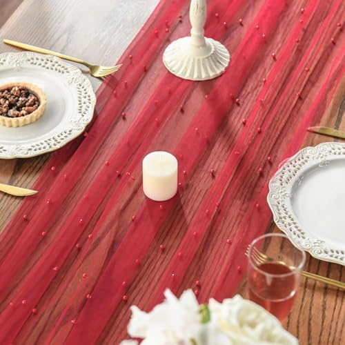 Artoid Mode 6-Pack Pearl Red Gauze Table Runner 10FT Home Decor - Image 4