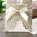 Hosmsua 50PCS Light Gold Glitter Laser Cut Wedding Invitations with bowknot and Envelopes 5.12 x 7.3 Blank Invitations for Wedding Bridal Shower Engagement Birthday Invitation (Champagne Glitter) - Image 6