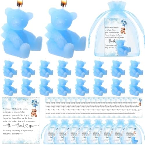 Poen 50 Sets Bear Candles Gender Reveal Cute Candle 50 Bear Thank You Card and Gift Bags Girl Boy Baby Shower Return Gifts for Guest(Blue) by Poen