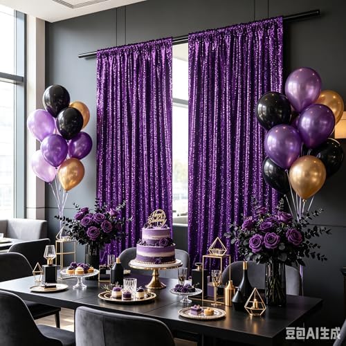 Purple Glitter Sequin Backdrop Curtains 8ftx8ft Photo Drapes - Image 3
