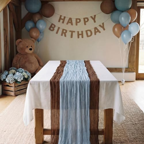6 Pcs 118" Blue and Brown Cheesecloth Table Runner - Image 3