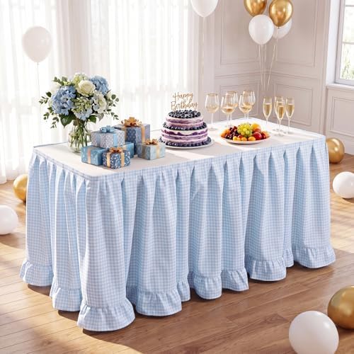 Flutesan 14 ft Blue Gingham Table Skirt for Rectangle Tables - Image 3