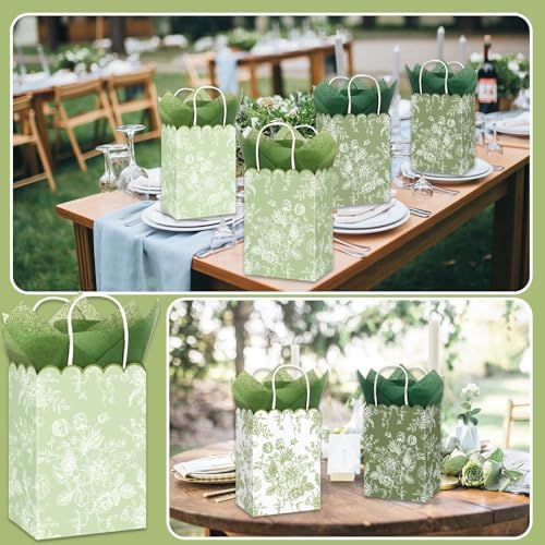 JarThenaAMCS 60Pcs Sage Green Wildflower Paper Gift Bag with Tissue Paper Chinoiserie Floral Treat Bags with Handles Candy Goodie Bags for Baby Shower Birthday Wedding Christmas Party Favors - Image 7