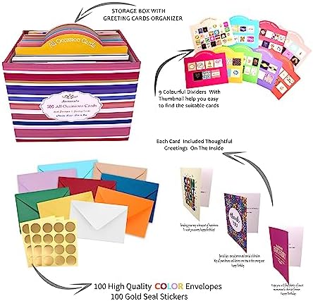 Janvale 100 All Occasion Cards Assortment Box with Color Envelopes，All Occasion Cards Set with Greeting Inside, Large 5 x 7 inch Cards with Stickers and Dividers - Image 2