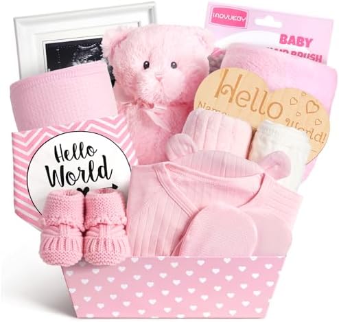 iAOVUEBY Baby Shower Gifts Basket, Baby Girl Gifts & Newborn Essentials Infant First Mileston Keepsakes Blanket Cloths Toy, All-in-One New Baby Girl Gift Set Basket by iAOVUEBY