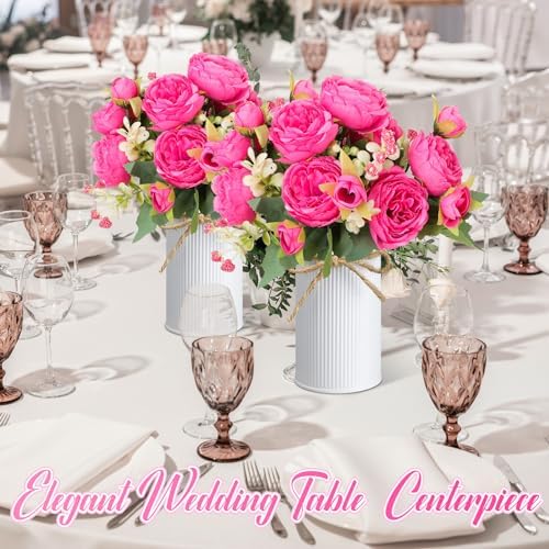 3 Sets Artificial Peonies Flower Peony Bouquet with Galvanized Metal Pot Silk Fake Peonies Faux Flower Arrangements for Wedding Table Centerpiece Party Home Room (Rose Red) - Image 5