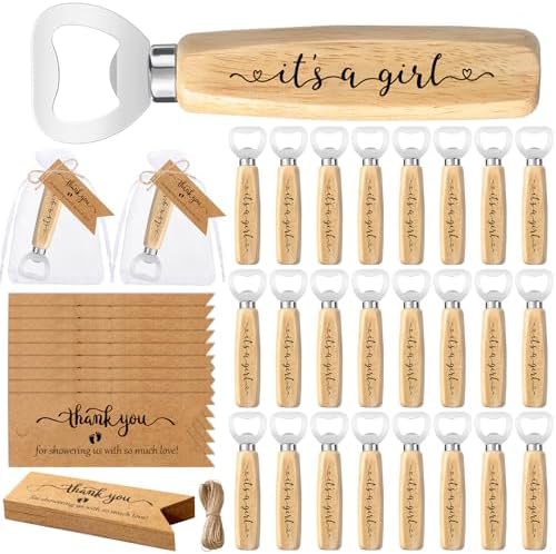 Funnymoom 25 Sets Baby Shower Bottle Opener Favors for Guests It's a Girl Wood Bottle Opener with Thank You Tag and Organza Bag Baby Shower Return Gift for Guests Gender Reveal Party by Funnymoom
