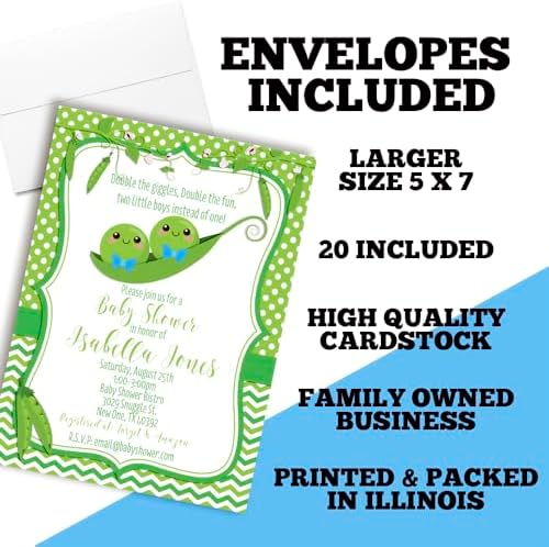 Amanda Creation Custom Baby Shower Invites Cute Pea Pod Invitation 20 5x7 Personalized Twin Boy Baby Shower Invitation Cards With Envelopes - Image 6