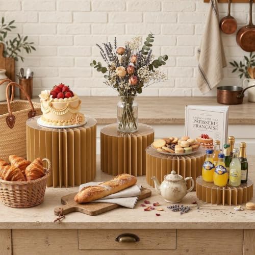 iobiotio Foldable Cake Stand, Reusable Buffet Risers, 4 Pack Round Dessert Stands with Acrylic Tops, Cardborad Display Stands for Weddings, Birthdays, Baby Showers, Parties, Home Decor, Caramel Brown - Image 7