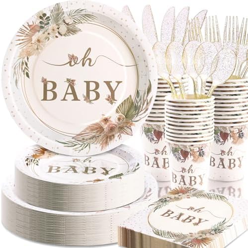 350 Pcs Boho Baby Shower Decorations for Girl, Baby Shower Plates and Cups and Napkins Sets, Oh Baby Plates for Western Sweet Baby Girl, Summer Fall Gender Neutral, Serves 50 by Gudvilla