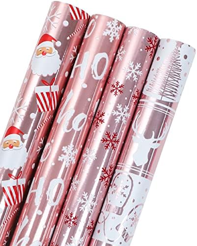 WRAPAHOLIC 30 Inch Christmas Wrapping Paper Roll - Jumbo Roll Rose Gold Santa, Snowflakes and Reindeer Holiday Collection with Metallic Foil Shine - 4 Rolls - 30 Inch x 120 Inch Per Roll by WRAPAHOLIC