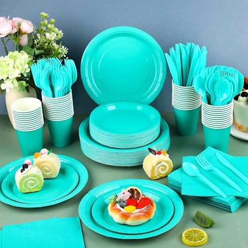 Kochorie 350 Pieces Teal Blue Dinnerware Set, 7 & 9 inch Dessert Paper Plates Cups Napkins Plastic Cutlery Disposable Party Supplies for Birthday Baby Shower Wedding, Serve 50 Guests - Image 5