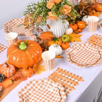 400 Pcs Fall Gingham Party Supplies for 50 Guests Orange and White Scalloped Paper Plates Napkin Cup & Cutlery Disposable Checkered Dinner Party Set for Thanksgiving, Halloween, Fall Wedding, Birthday - Image 4
