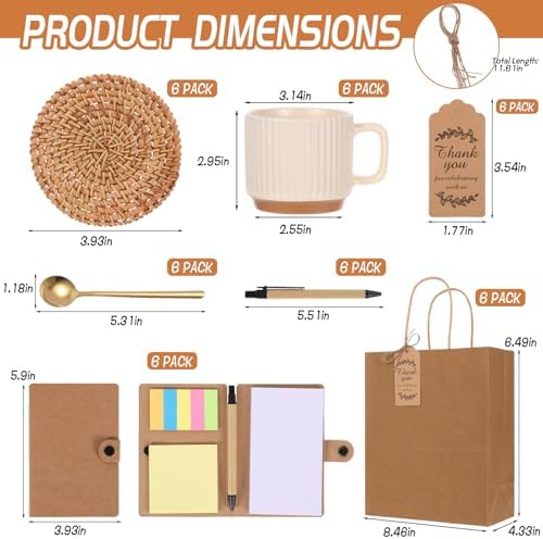 6 Sets Kraft Baby Shower Game Prizes, Baby Shower Guest Gifts, Ceramic Mugs with Metal Spoons, Woven Coasters, Notebooks with Pens, Thank You Tags, Wedding Bridal Shower Favors for Guests (brown) - Image 2