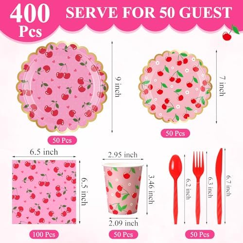 Funnymoom 400 Pcs Cherry Party Supplies for 50 Guest Cute Fruit Birthday Disposable Plates Napkin Cup Spoon Fork Knives for Summer Picnic Wedding Birthday Baby Shower Bridal Party Supplies - Image 2