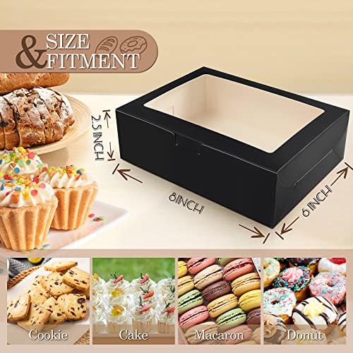 KPOSIYA 65 PCS 8x6x2.5 Inch Cookie Boxes with Window Black Bakery Boxes Pastry Boxes for Gift Giving, Treat, Dessert, Cupcakes, Chocolate, Strawberries, Donuts, Muffins (5 Style Windows) - Image 2