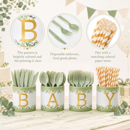 Domensi 204 Pcs Baby Shower Disposable Cutlery Set Utensil Holders, Green - Image 3
