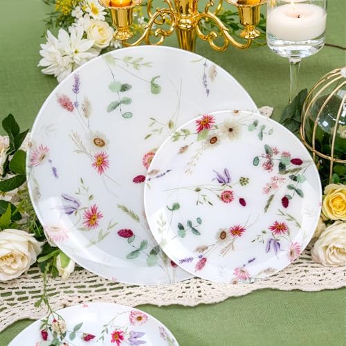 LIYH 32Pcs Pink Floral Heavy Duty Plastic Plates Set for Wedding Party - Image 6