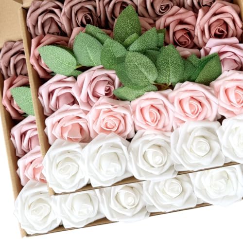 50pcs Dusty Rose Gold Foam Fake Roses with Stems Blush Pink Mauve Artificial Flowers Real Looking for Wedding Bouquets Bridal Shower Centerpieces Floral Arrangements Party Tables Home Decor Bulk by LCiclly